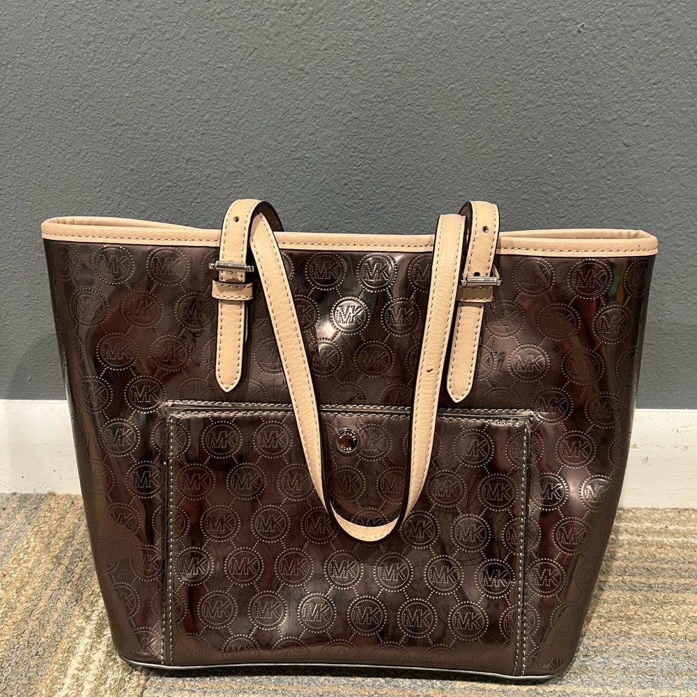 Michael Kors Glossy Brown Tote with Tan Accents
